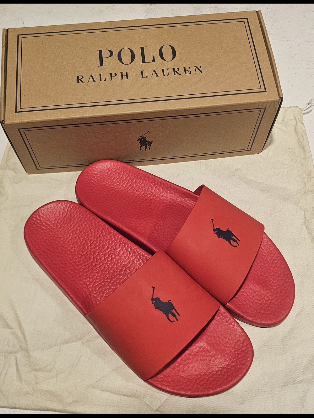 Polo Ralph Lauren Red Slide Sandals Navy Blue Pony Logo Men's 14 EU 47 - Picture 3 of 9